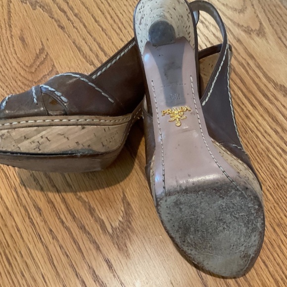 Prada Brown Leather Cork Wedge Sandals Size 36.5 (6 1/2) - Slingback Peep Toe - Picture 10 of 16